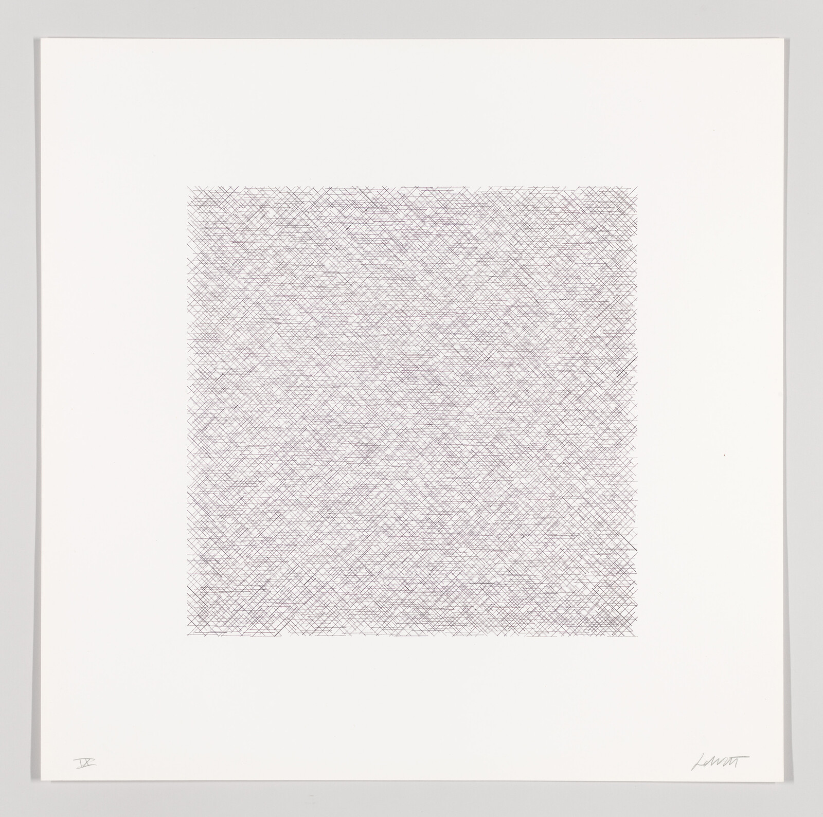 Dense square of fine crosshatched pencil lines centered on a large white sheet of paper.