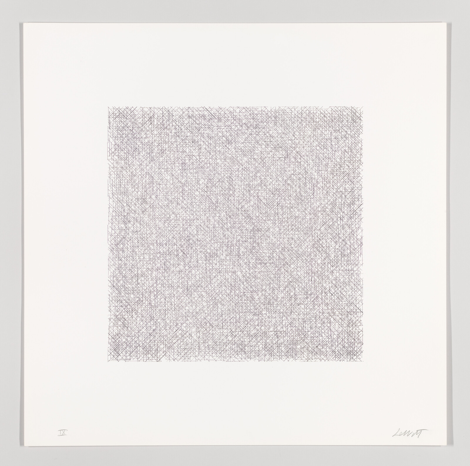 A centered square of dense overlapping black pen lines on a large white sheet.
