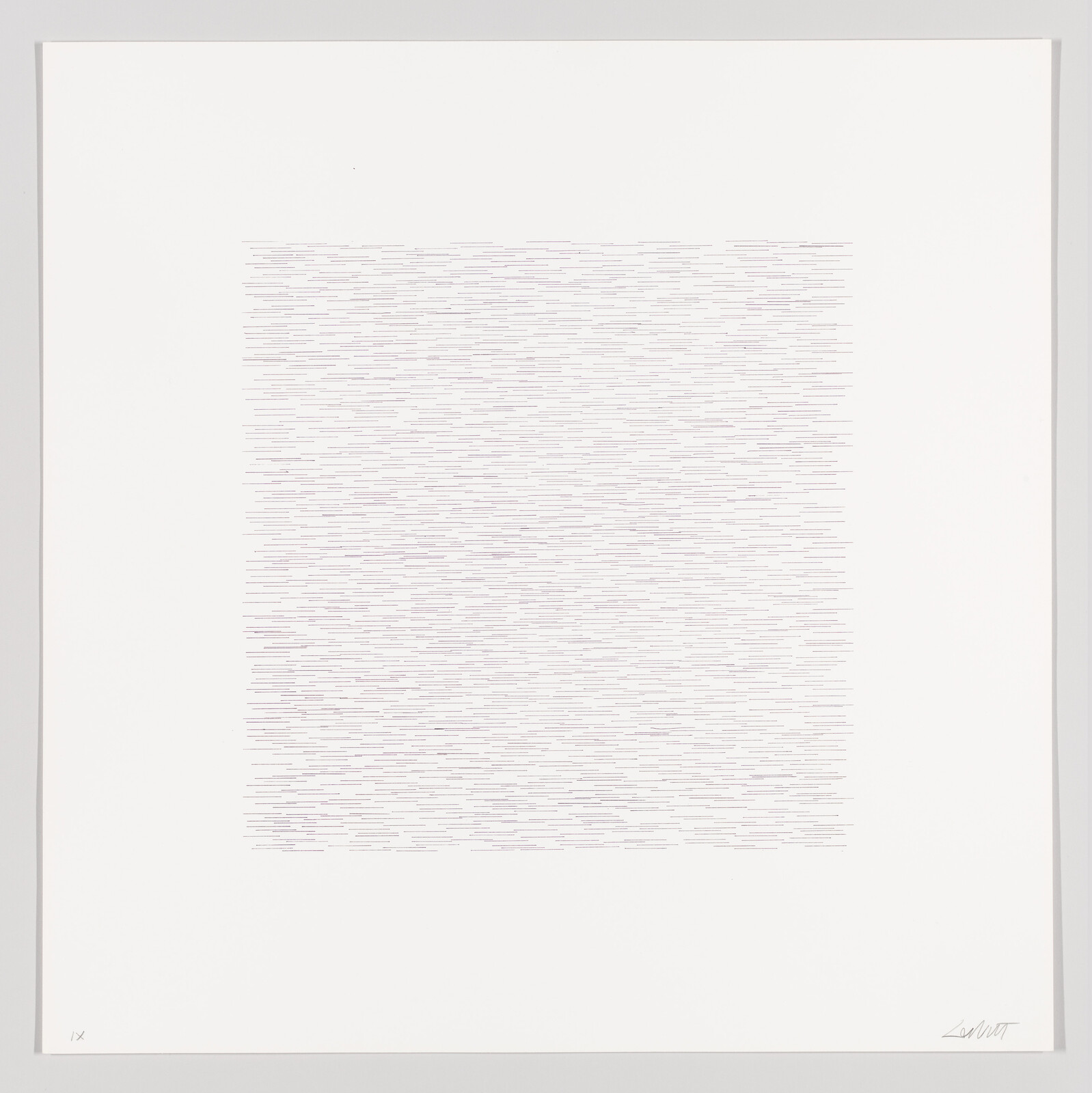 Centered square of hundreds of short, thin horizontal lines on a large white sheet of paper.