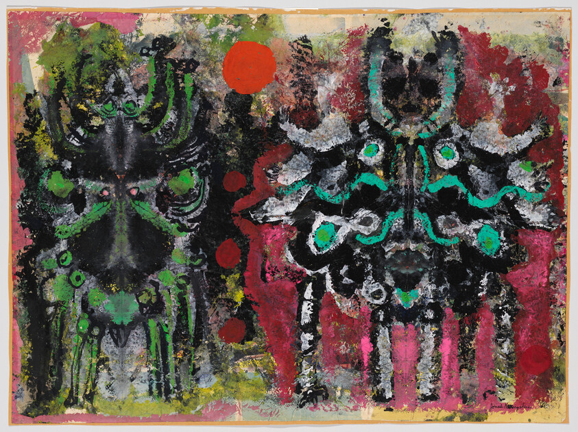 Two abstract symmetrical creature-like figures with green highlights and red circular accents.