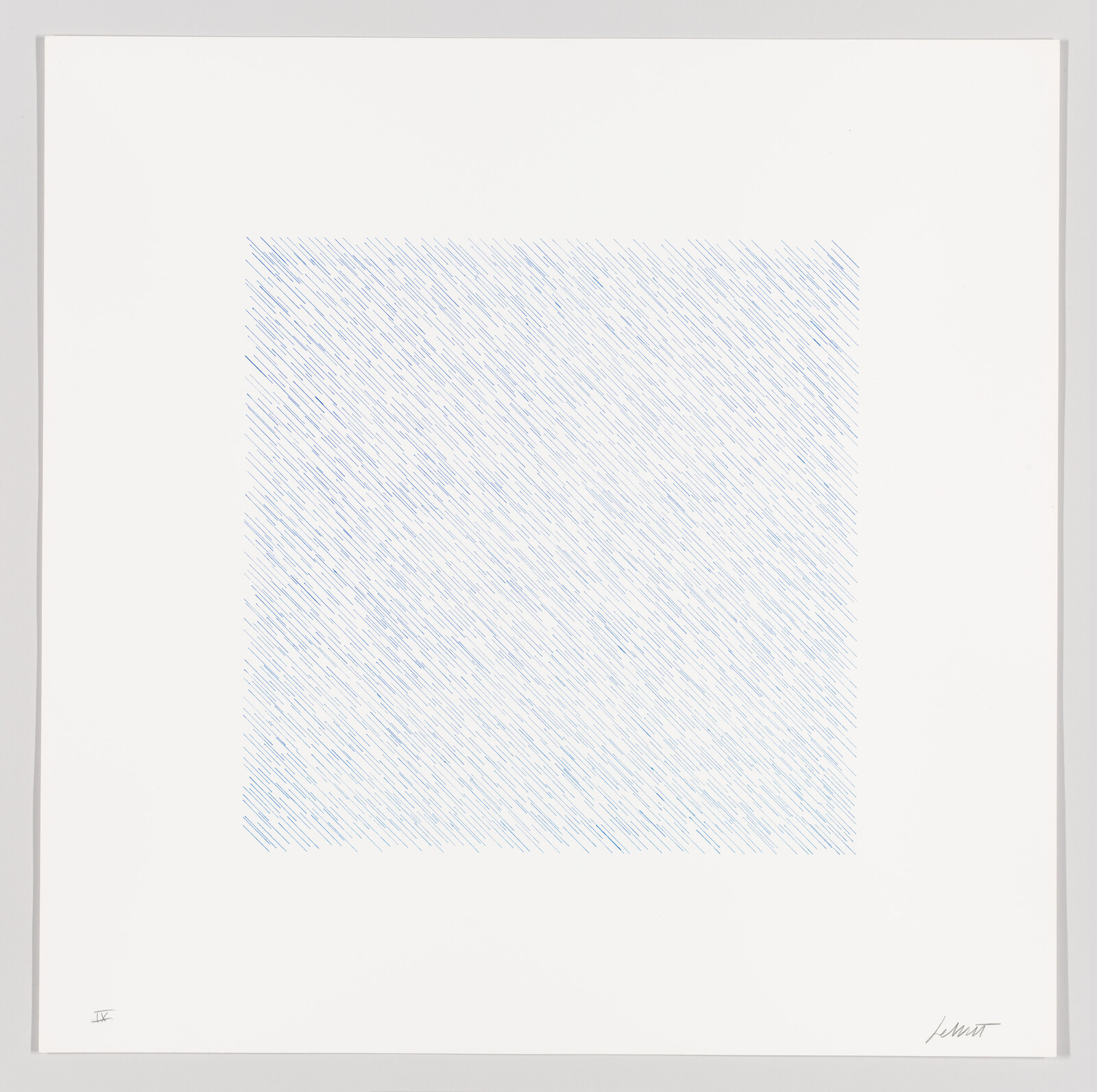 A large white sheet with a centered square of diagonal blue hatch marks.