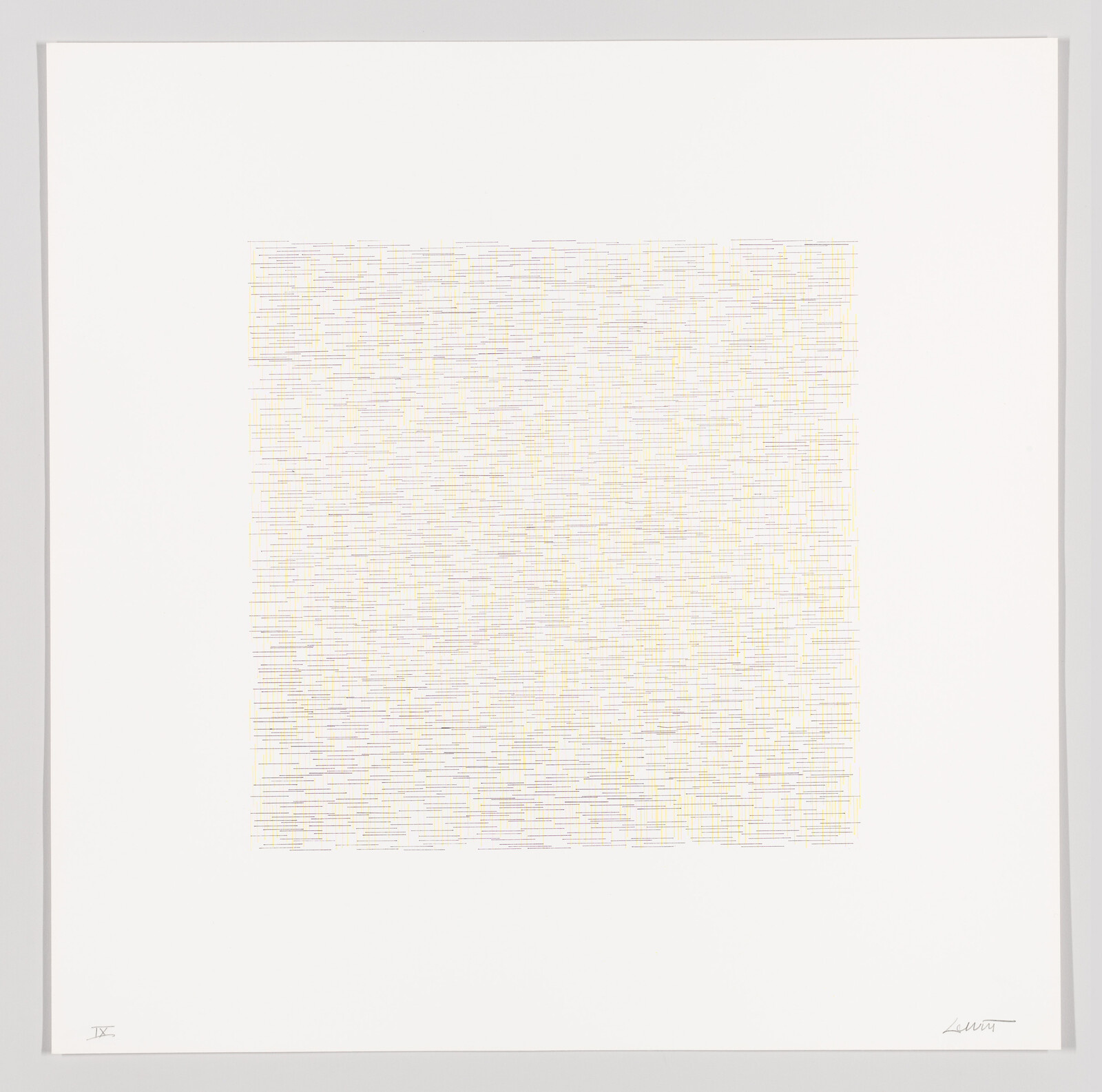 A centered square of dense short colored horizontal lines on a large white paper background.