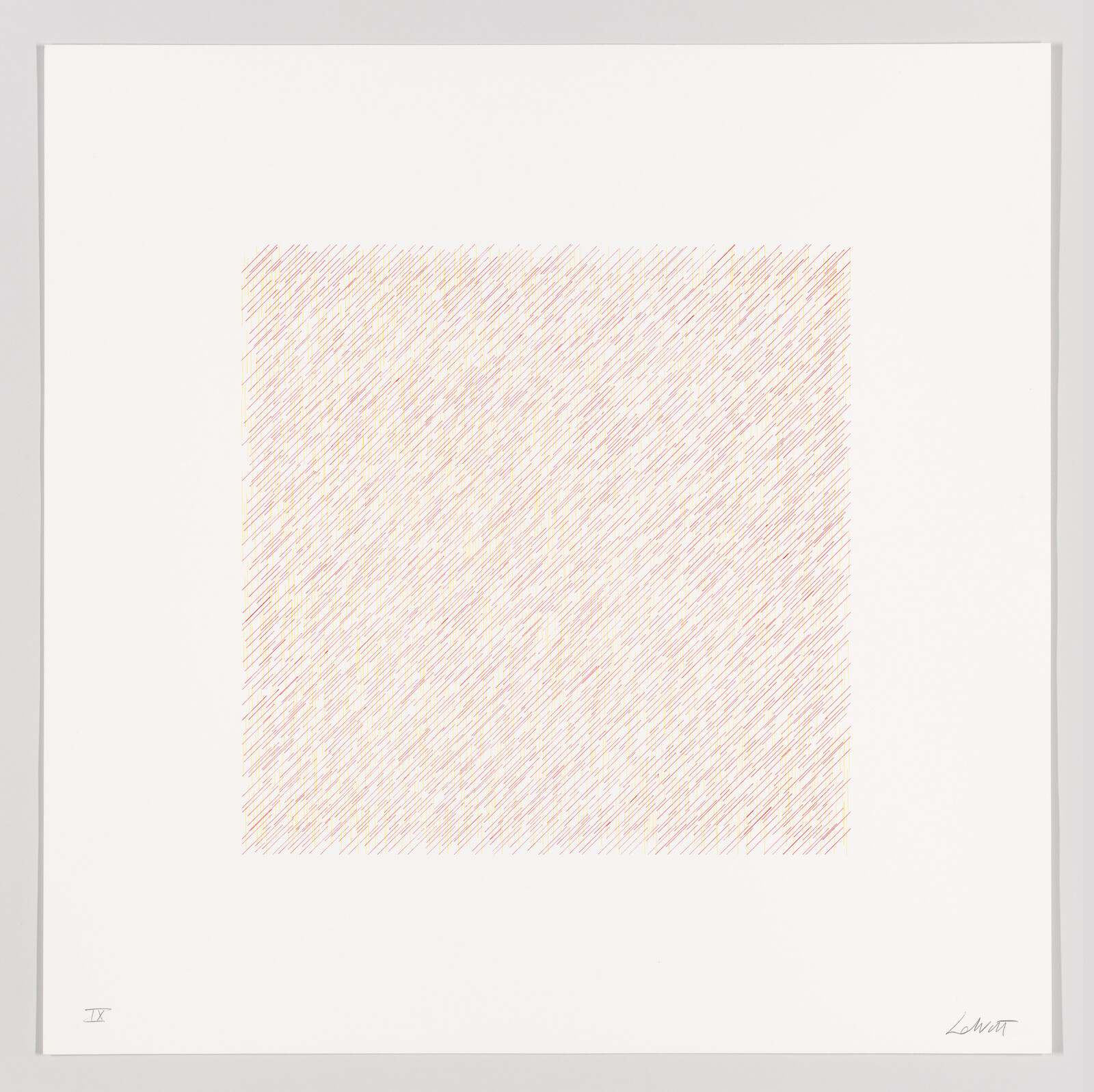 Square field of diagonal pink and orange hatch marks centered on a large white paper.