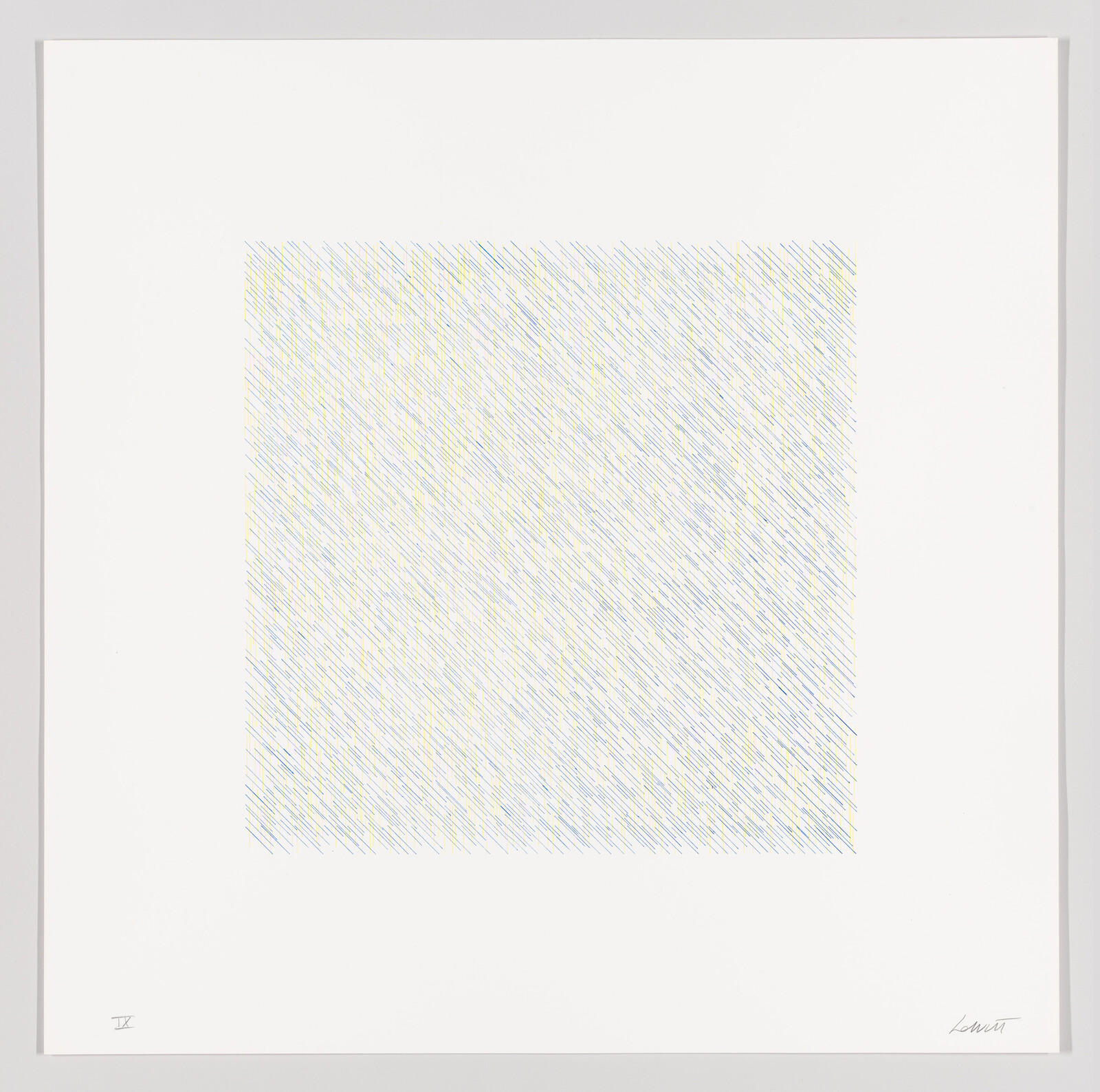 Square grid of short diagonal blue and yellow lines on white background, framed by wide white border.