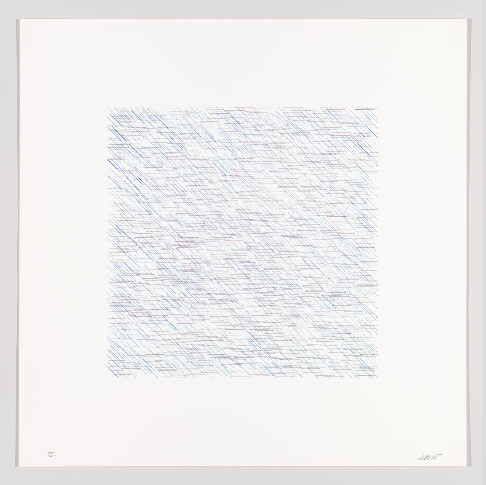 A centered square filled with dense diagonal blue and light pencil lines on white paper.