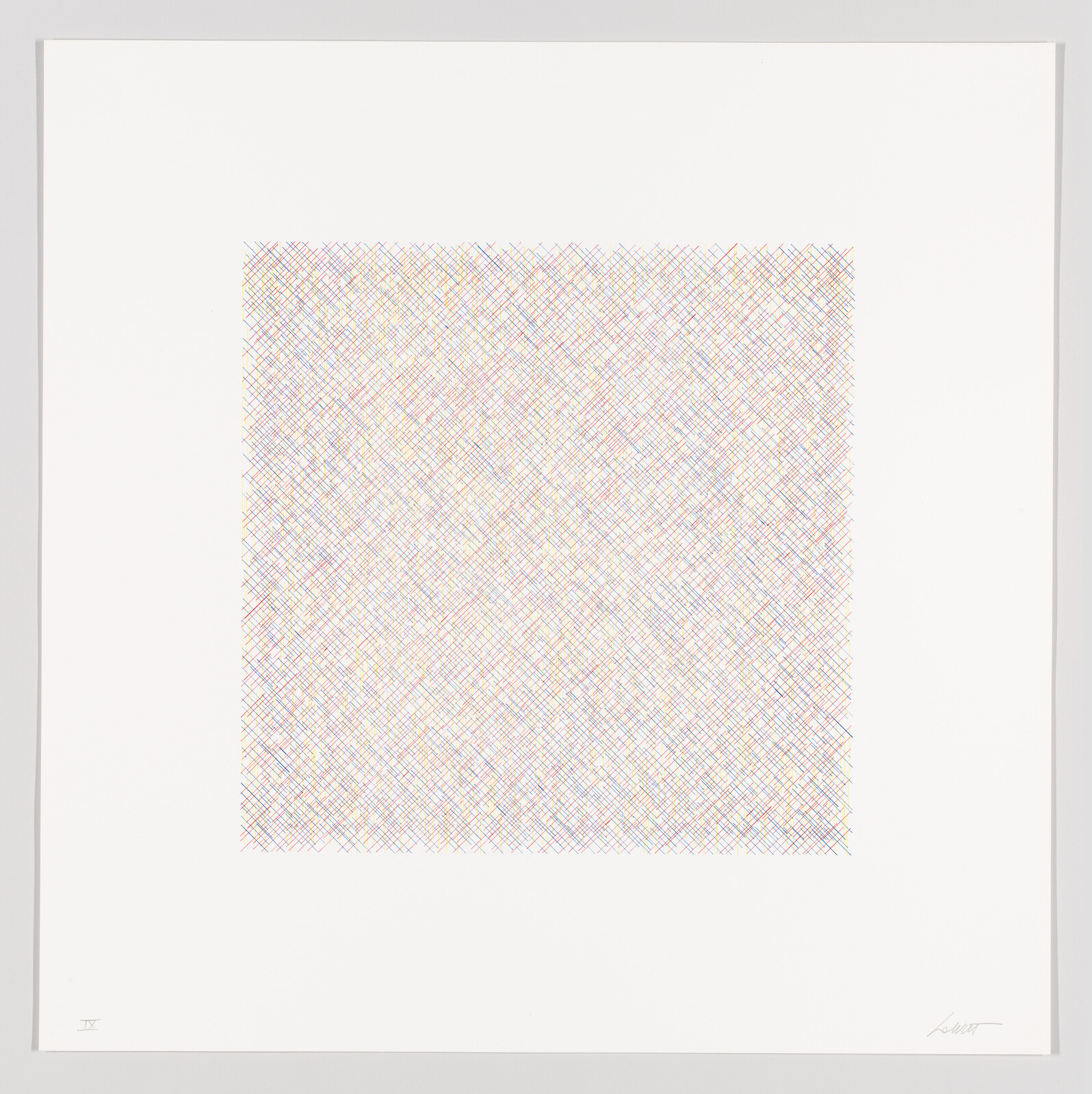 A square of dense multicolored crossed lines centered on a large white paper with wide margins.