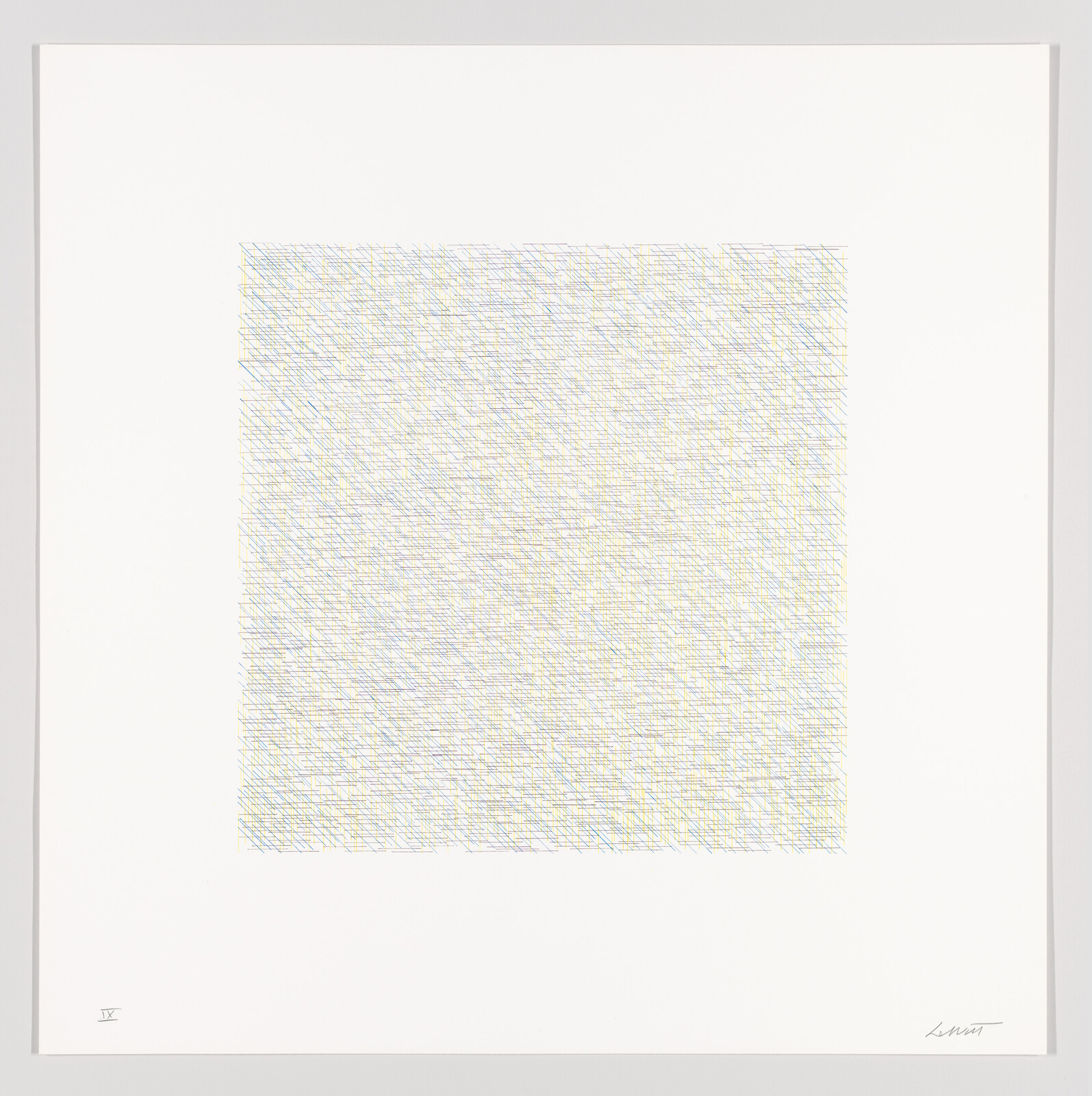 Large white sheet with a dense square of fine multicolored diagonal grid lines in center.