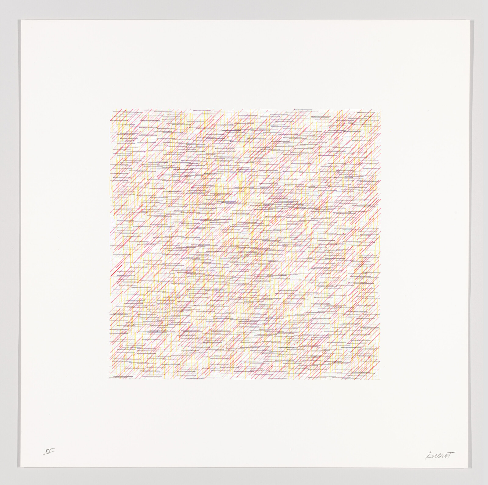 A centered square filled with dense diagonal multicolored hatch marks on a white background.