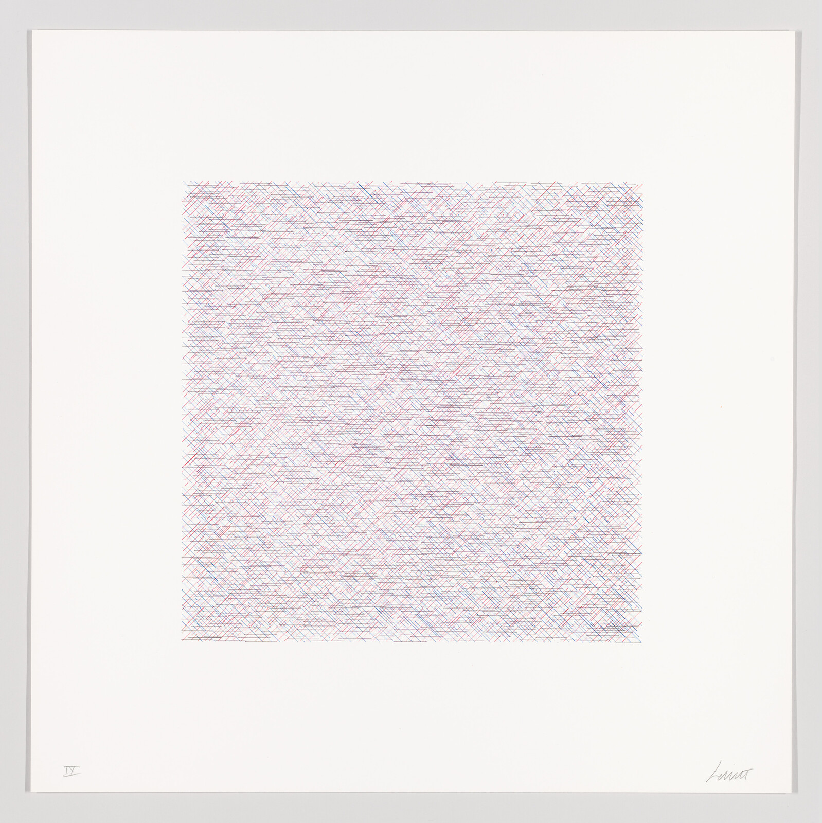 Dense square of crisscrossing red and blue lines centered on a large white sheet of paper.