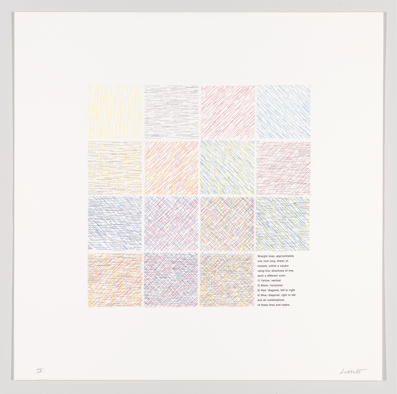 A 4x4 grid of colored squares filled with short colored hatch lines and a small explanatory block.