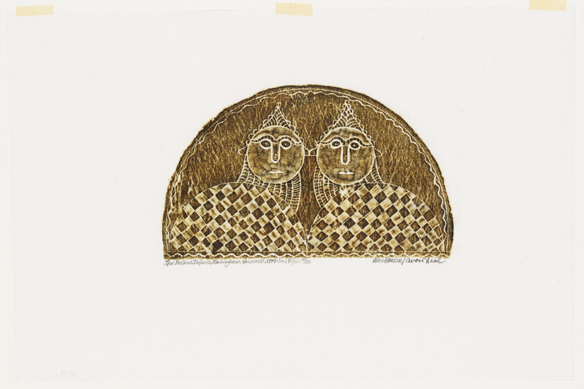 Two stylized human figures with patterned clothing sit side by side inside a semicircular frame.