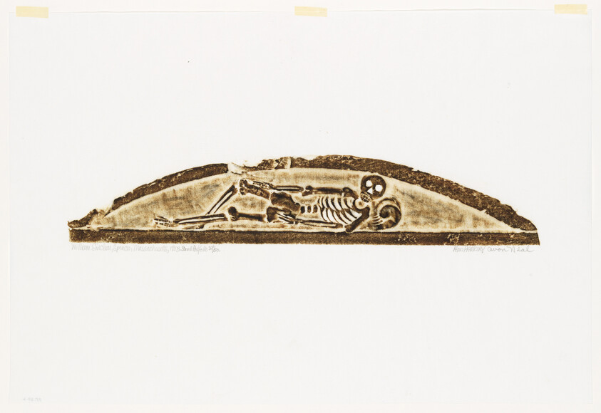 A brown print shows a human skeleton lying inside an arched burial cavity against a white background.