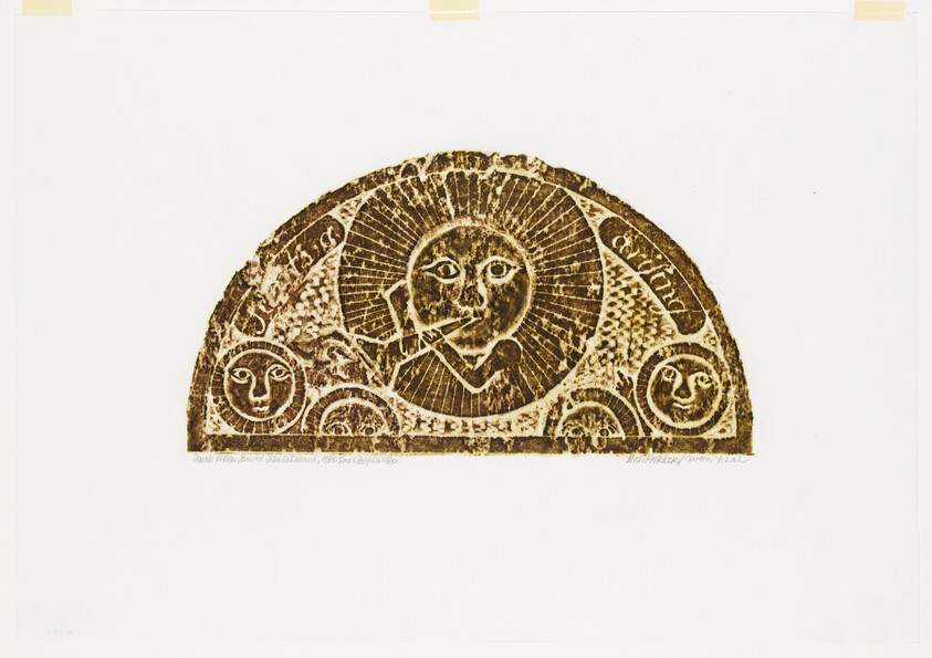 Semicircular carved panel showing a radiant central face blowing a flute surrounded by three smaller faces.