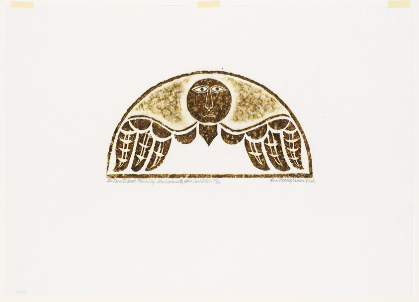 A brown stylized face with outstretched wings inside a semicircular border.