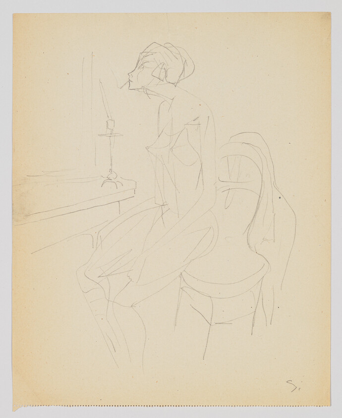 A thin pencil sketch of a seated woman smoking by a table with a candlestick.