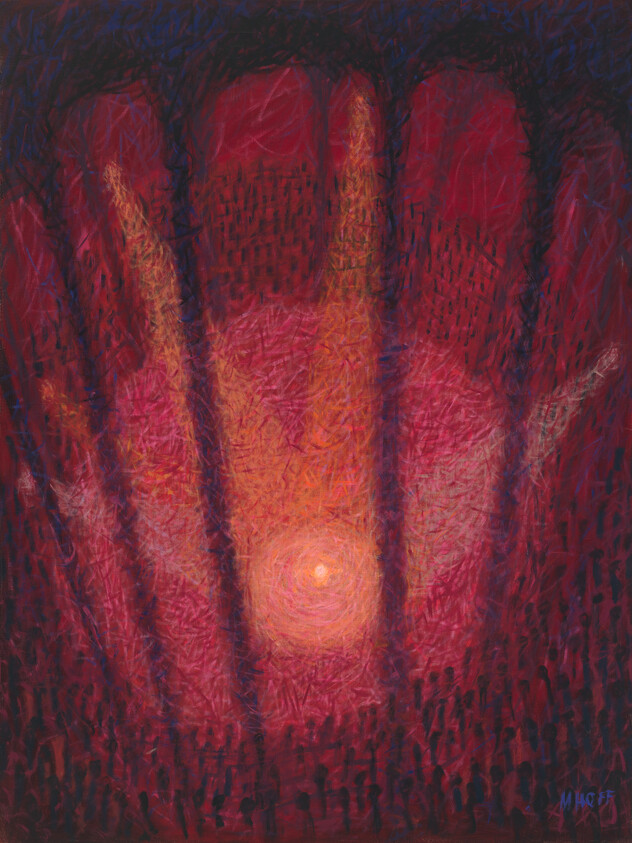 Glowing orange light radiates from the center behind tall dark vertical columns with a crowd below.