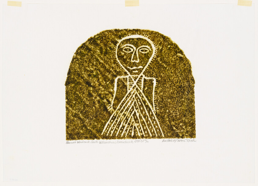 A simple stylized human figure with crossed arms carved inside an arch-shaped brown panel.