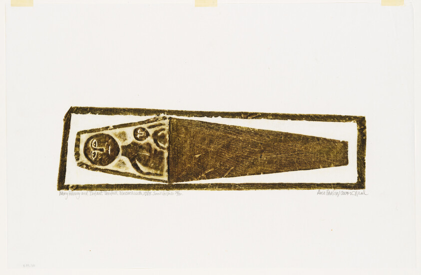 A long rectangular frame containing a stylized reclining figure and tapered coffin shape.