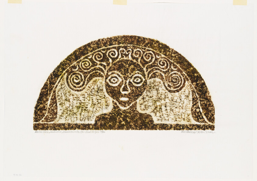 A stylized human face with spiral horn-like hair inside a textured semicircular arch.