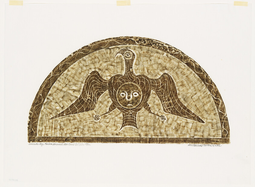 A stylized bird with outstretched wings and a human-like face inside a semicircular frame.