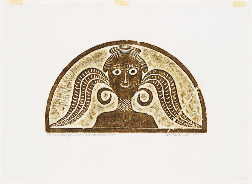 A brown linocut-style semicircular print showing a stylized angel with large patterned wings.