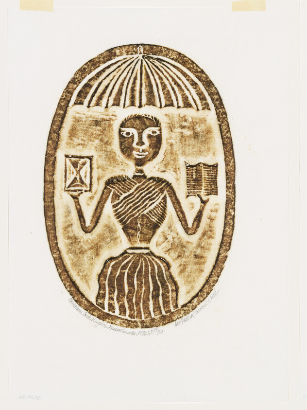 A stylized figure under an umbrella holds an hourglass in one hand and an open book in the other.