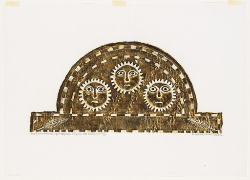 Three stylized sun faces with spiky rays set in a decorative semicircular arch on a base.