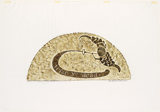 Semicircular carved plaque showing an angel blowing a trumpet with the words "Arise ye dead."