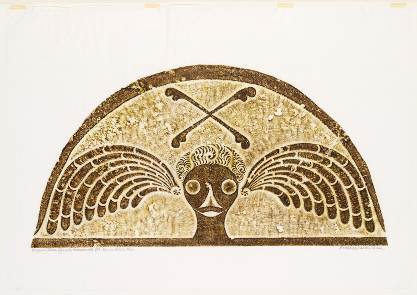 A semi-circular, fan-shaped print featuring a stylized representation of a human face with large, circular eyes and a small nose, flanked by two large, wing-like structures. Above the face, two crossed bones are depicted. The print has a rustic, earthy color palette, primarily in shades of brown and beige, and shows signs of aging or distress. There is text along the bottom edge, possibly indicating the artist's name and the work's title or date.