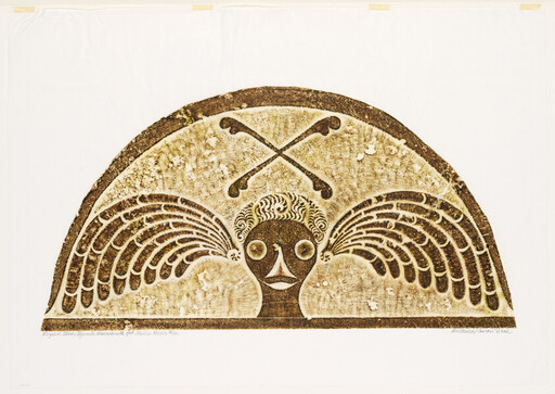 A stylized winged human face in a semicircle with crossed bones above.