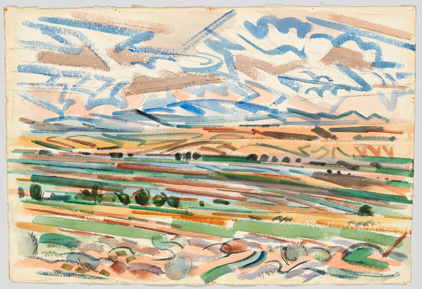Colorful watercolor landscape showing rolling fields, scattered trees, distant hills, and a cloudy sky.