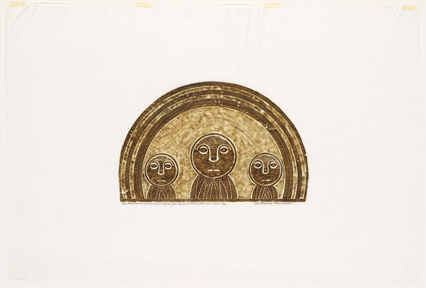 Three stylized faces appear under a large semicircular arch with concentric bands.