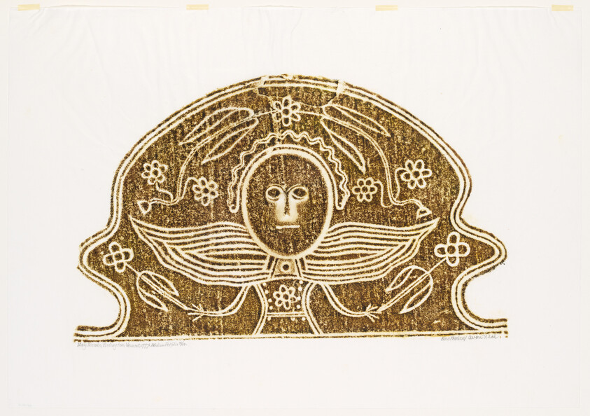 A stylized, semi-abstract print featuring a central face surrounded by floral and leaf patterns within an arched, dome-like shape, executed in earthy brown tones on a light background.