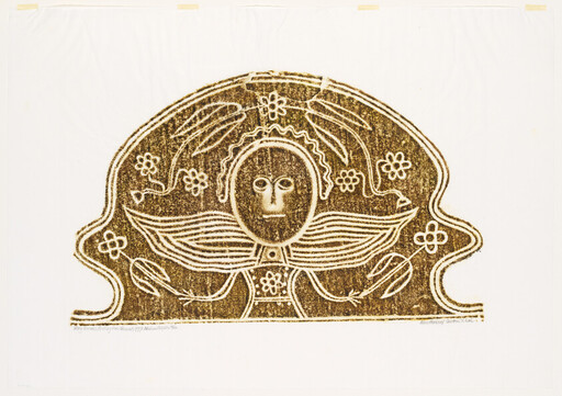 A stylized human face set inside an ornate arch with wing-like shapes and flowers.