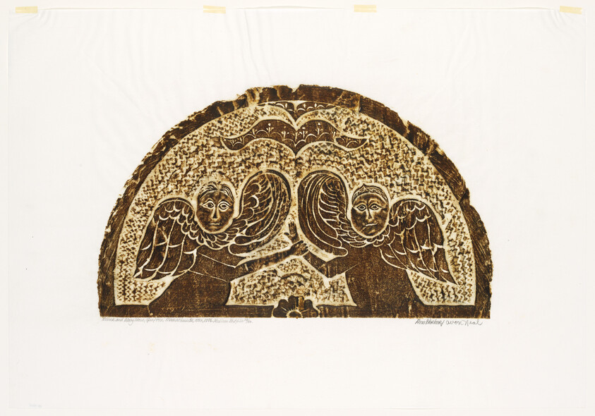 A semi-circular, fan-shaped woodcut print featuring three stylized angels with prominent wings and serene faces against a patterned background. The artwork has a rustic, textured appearance with dark brown ink on a lighter background. There is handwriting along the bottom edge, possibly the artist's signature and details about the print.