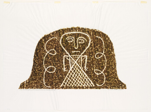 A stylized figure with a large head and crosshatched triangular body inside a dark mound.
