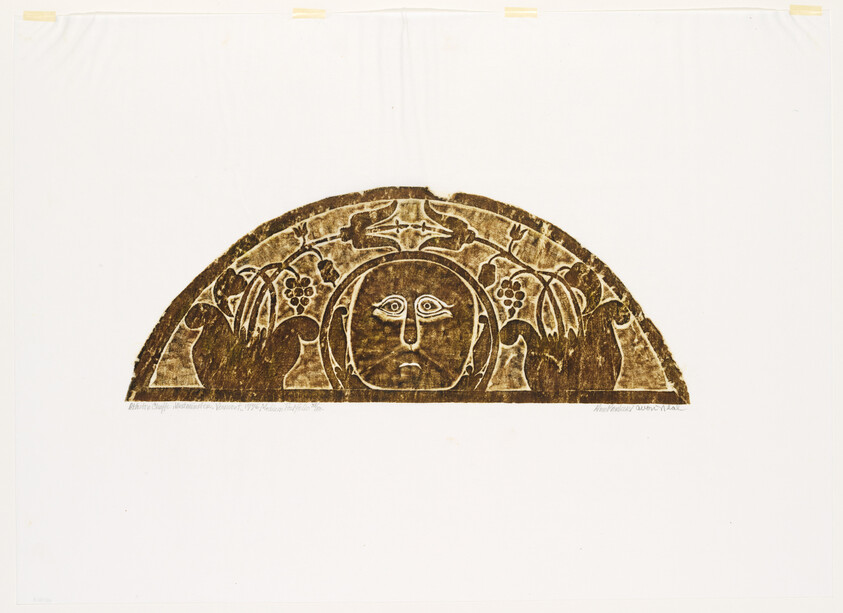 A semi-circular, brown-toned print featuring a stylized face at the center, surrounded by decorative elements that resemble foliage and grape clusters. The artwork has a vintage or historical appearance and is displayed on a white background with visible mounting tape at the top edge. There is text at the bottom left that appears to be a description or title of the piece, and a signature at the bottom right.