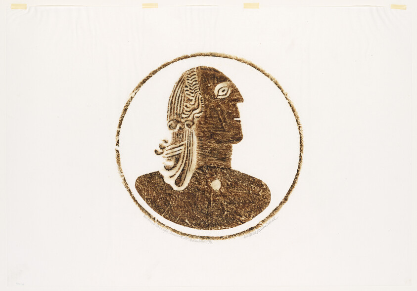 A brown stylized profile bust with long hair inside a circular seal on a white background.