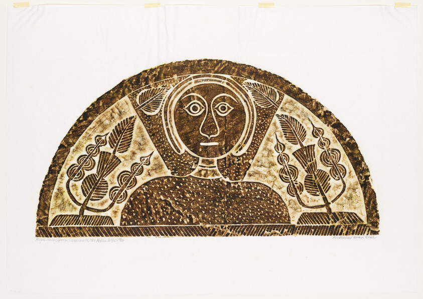 A semi-circular, stylized print featuring a central human-like figure with a simplified face, surrounded by decorative motifs that include leaf-like patterns and abstract designs. The artwork has a textured background and is predominantly in earthy brown tones.