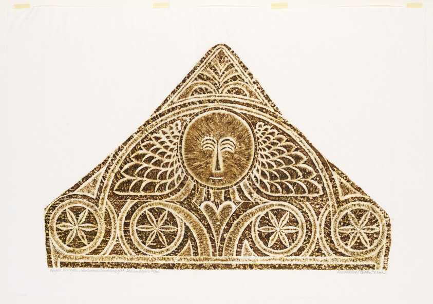 An intricate triangular artwork with a central sun-like face surrounded by symmetrical patterns resembling wings and wheels, executed in a sepia-toned palette. The piece is displayed against a white background with visible mounting tape at the top corners.
