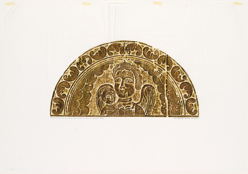Semicircular carved panel showing an adult figure holding a child within an ornate scalloped arch.