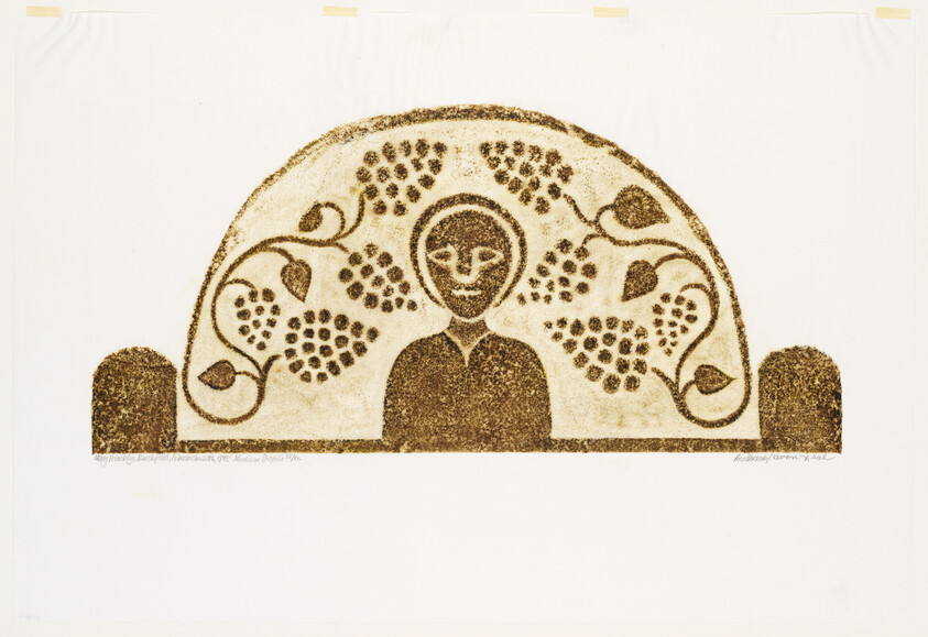 A stylized figure with a serene expression is surrounded by an arch of vines and leaves, creating a symmetrical, earthy design.