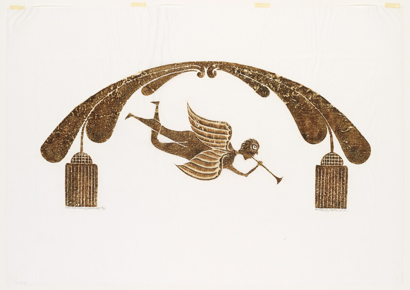 An artistic print featuring a stylized arch with a winged figure in the center, resembling an angel or cupid, blowing a horn. Two cage-like structures hang from the ends of the arch. The image has a vintage or rustic appearance, with a brown and white color scheme.