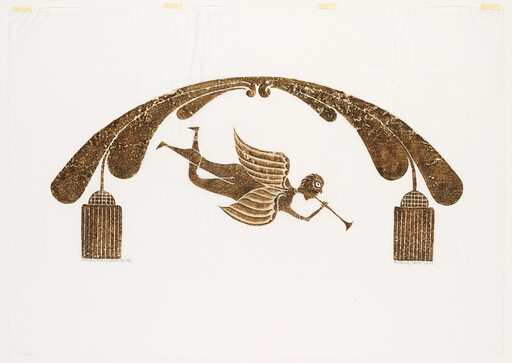 A winged figure flies while blowing a trumpet beneath an ornate arch between two hanging cages.