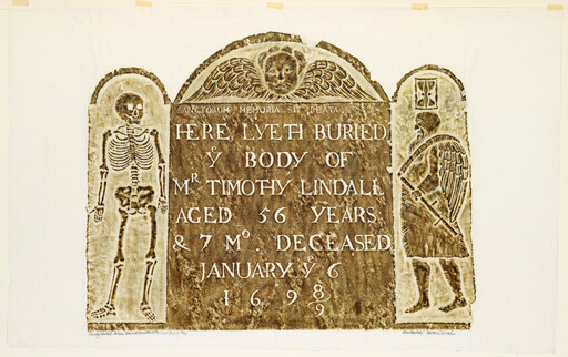 Gravestone plaque for Mr. Timothy Lindall with skeleton and angel carved and 1698 inscription.