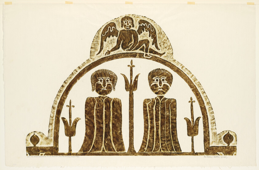 Two stylized robed figures stand under an arched frame topped by a crouching winged creature.