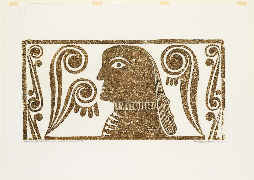 Stylized brown print of a human profile wearing a patterned collar inside a decorative rectangular border.