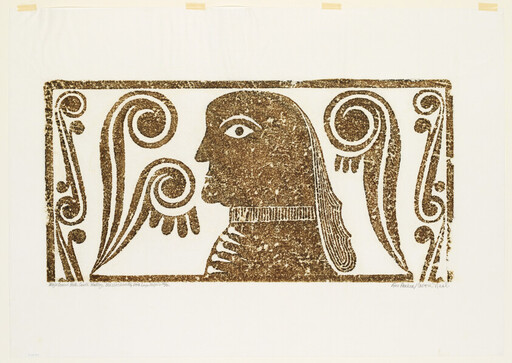 Stylized brown print of a human profile wearing a patterned collar inside a decorative rectangular border.