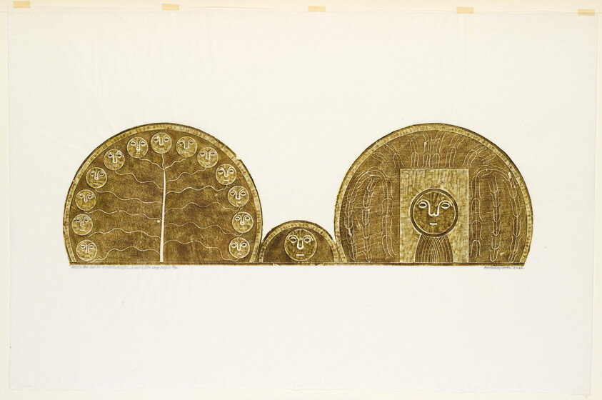 Three semicircular golden figures with simple human faces, a tree pattern, and a doorway-like panel.