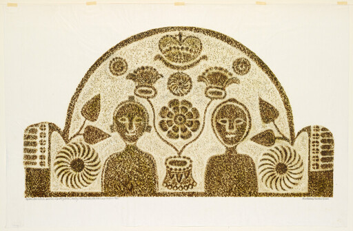 Two stylized figures with symmetrical floral and crown motifs under a large decorative arch.